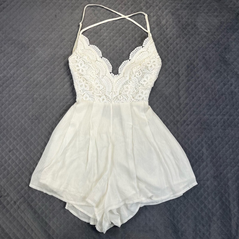 Lulus Romper Womens XS White Boho Spring Bride Crochet Lace Star Spangled Romper - Picture 3 of 13